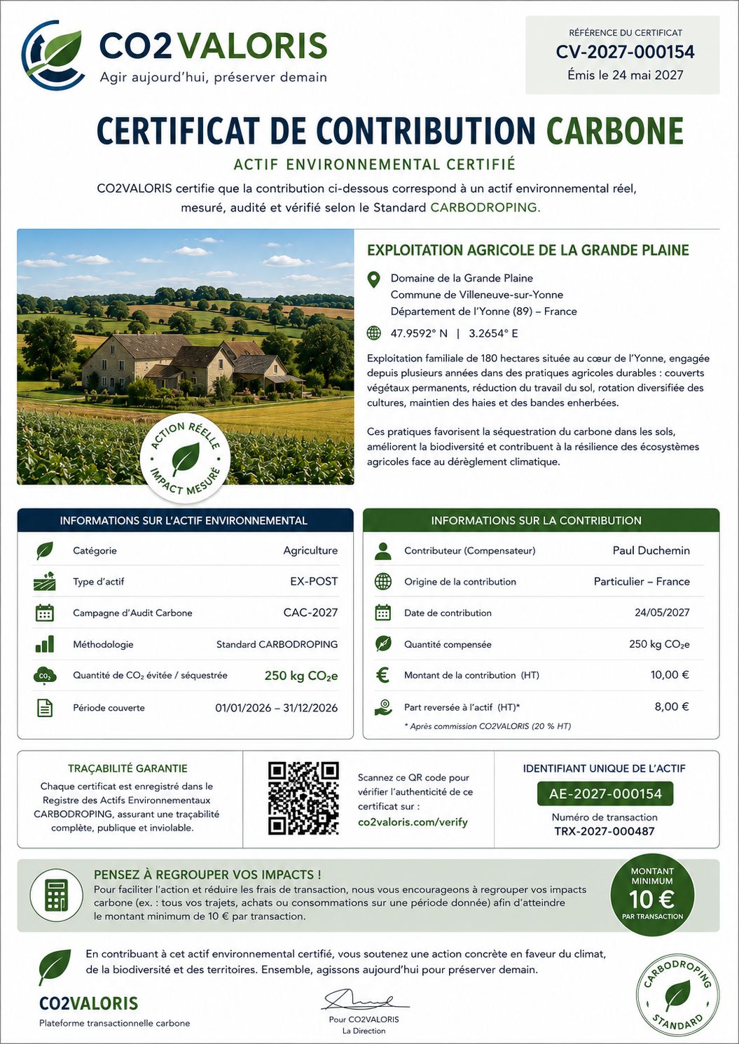 Aperçu du certificat CO2VALORIS