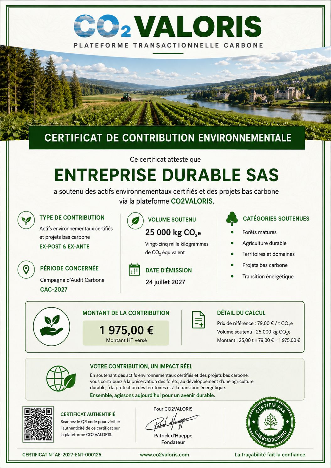 Aperçu du certificat CO2VALORIS pour une entreprise