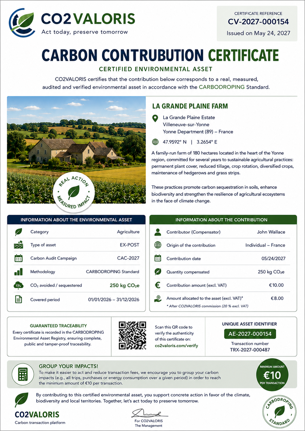 Preview of the CO2VALORIS certificate issued to John Wallace
