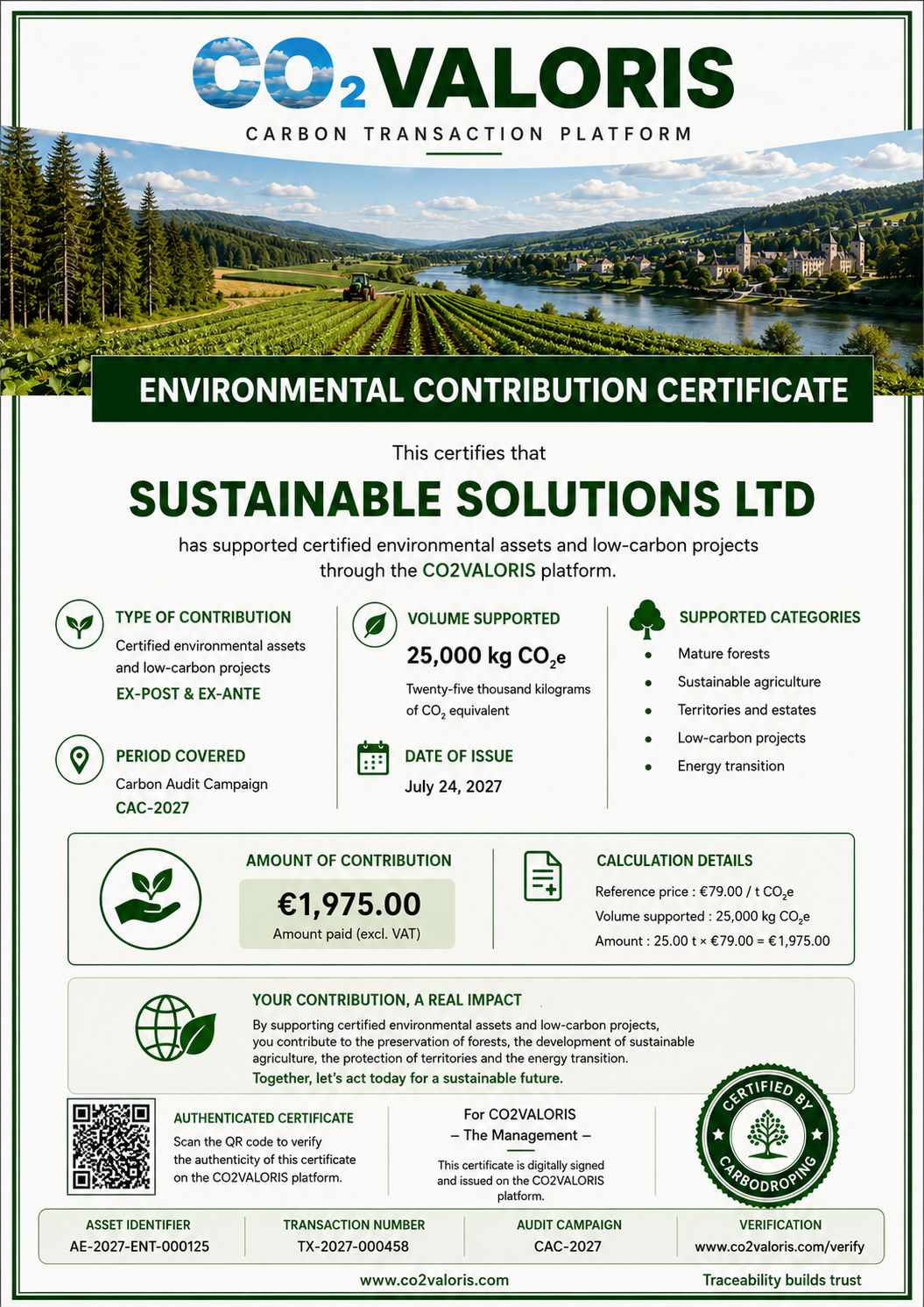 Preview of a CO2VALORIS certificate for a business