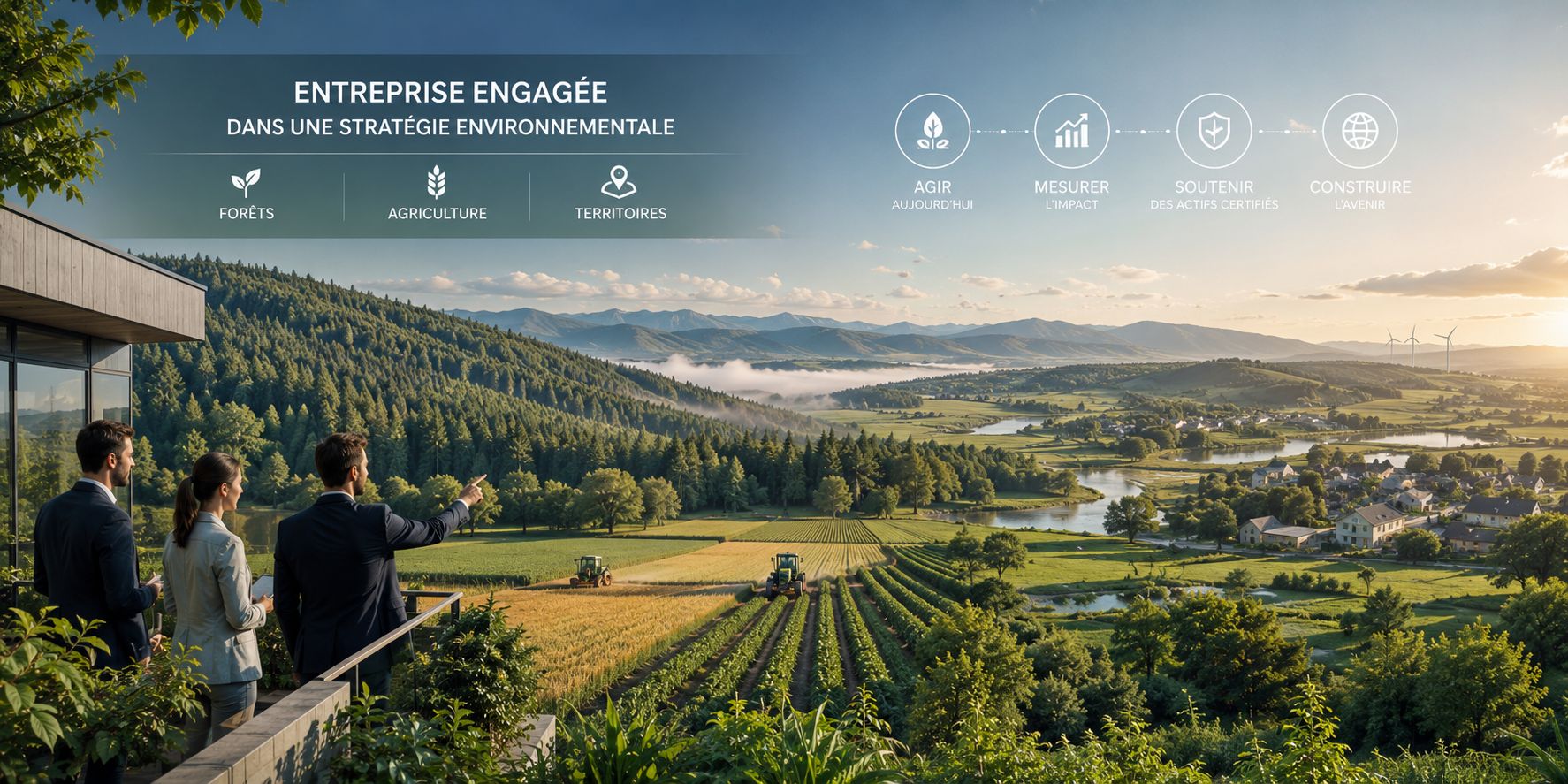 Entreprise engagée dans une stratégie environnementale avec forêt, agriculture et territoires
